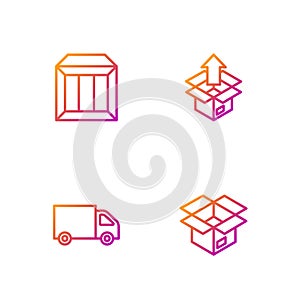 Set line Unboxing, Delivery cargo truck, Carton cardboard and . Gradient color icons. Vector