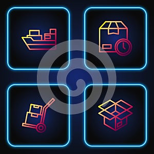 Set line Unboxing, Hand truck and boxes, Cargo ship with delivery and Cardboard clock. Gradient color icons. Vector
