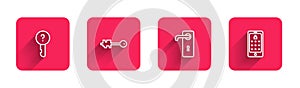 Set line Undefined key, Old, Door handle and Mobile graphic password with long shadow. Red square button. Vector