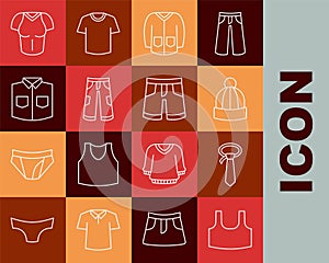 Set line Undershirt, Tie, Winter hat, Sweater, Pants, Shirt, T-shirt and Short or pants icon. Vector