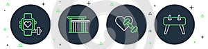 Set line Uneven bars, Dumbbell with heart, Smart watch and Pommel horse icon. Vector