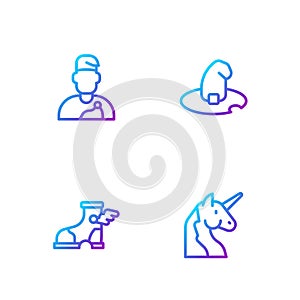 Set line Unicorn, Hermes sandal, Wizard warlock and Witch hat. Gradient color icons. Vector