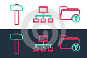 Set line Unknown directory, Hammer and Computer network icon. Vector