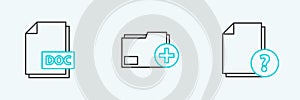 Set line Unknown document, DOC file and Add new folder icon. Vector