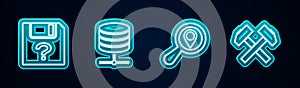 Set line Unknown document, Server, Data, Web Hosting, Search location and Two crossed hammers. Glowing neon icon. Vector