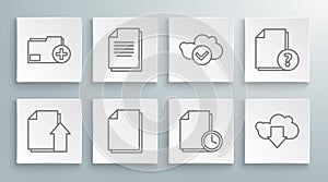 Set line Upload file document, Document, with clock, Cloud download, check mark, Unknown and Add new folder icon. Vector