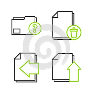 Set line Upload file document, Next page arrow, Delete and Unknown folder icon. Vector