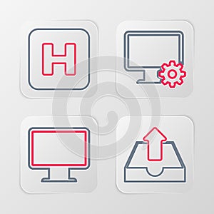 Set line Upload inbox, Computer monitor screen, and gear and Hospital icon. Vector