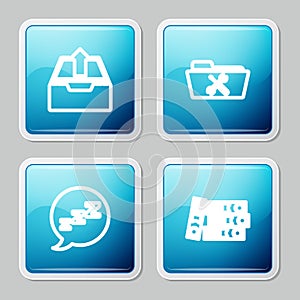 Set line Upload inbox, Folder service, Speech bubble with snoring and Office folders icon. Vector