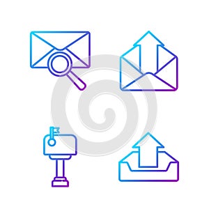 Set line Upload inbox, Mail box, Envelope with magnifying glass and Outgoing mail. Gradient color icons. Vector