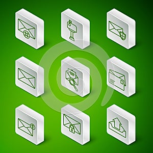 Set line Upload inbox, Mail message lock password, Delete envelope, Envelope with magnifying glass, and icon. Vector