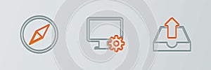 Set line Upload inbox, Wind rose and Computer monitor and gear icon. Vector