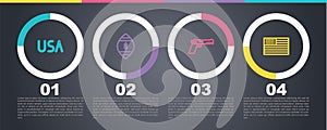 Set line USA label, American Football ball, Pistol or gun and flag. Business infographic template. Vector