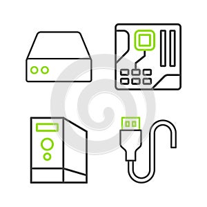 Set line USB cable cord, Case of computer, Motherboard digital chip and Server, Data, Web Hosting icon. Vector