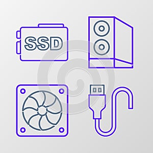 Set line USB cable cord, Computer cooler, Case of computer and SSD card icon. Vector