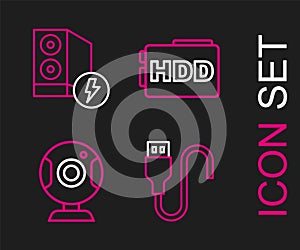 Set line USB cable cord, Web camera, Hard disk drive HDD and Case of computer icon. Vector