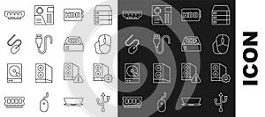 Set line USB, Case of computer, Computer mouse, Hard disk drive HDD, cable cord, RAM, random access memory and cooler