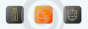 Set line USB flash drive, Firewall, security wall and Shield with brick icon. Vector