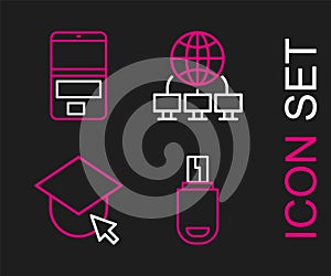 Set line USB flash drive, Graduation cap on globe, Computer network and Laptop icon. Vector