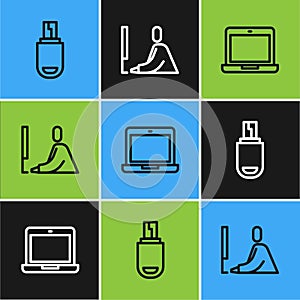 Set line USB flash drive, Laptop and Student working at laptop icon. Vector