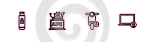 Set line USB flash drive with lock, Electric scooter, Computer api interface and Laptop and icon. Vector