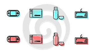 Set line USB flash drive, Portable video game console, Graphic tablet and Keyboard icon. Vector