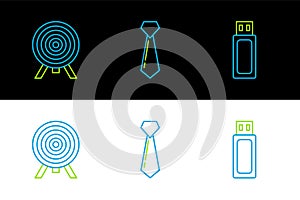 Set line USB flash drive, Target and Tie icon. Vector