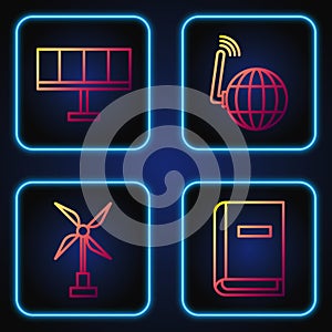 Set line User manual, Wind turbine, Solar energy panel and Social network. Gradient color icons. Vector