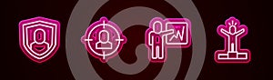 Set line User protection, Head hunting, Leader of team of executives and Productive human. Glowing neon icon. Vector