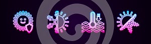 Set line UV protection, Sun and snowflake, Water thermometer and . Glowing neon icon. Vector