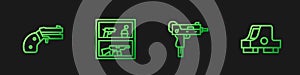 Set line UZI submachine gun, Small revolver, Hunting shop weapon and Collimator sight. Gradient color icons. Vector