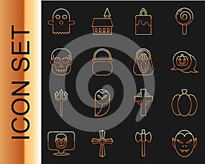 Set line Vampire, Pumpkin, Burning candle, Halloween witch cauldron, Skull, Ghost and Funny scary ghost mask icon