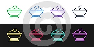 Set line Varenyky in a bowl icon isolated on black and white background. Pierogi, varenyky, dumpling, pelmeni, ravioli