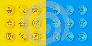 Set line Venus, Diamond, Libra zodiac, Yin Yang, Earth element, Magic stone, Masons and Medieval sword icon. Vector