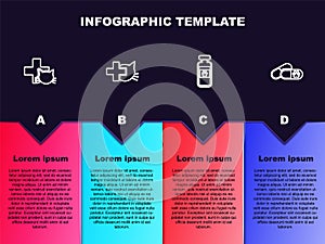 Set line Veterinary clinic, , Pets vial medical and Dog and pills. Business infographic template. Vector