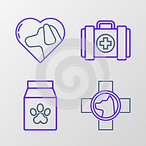 Set line Veterinary clinic symbol, Bag of food for pet, Pet first aid kit and Heart with dog icon. Vector