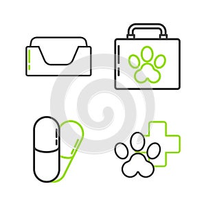 Set line Veterinary clinic symbol, Dog and pills, Pet first aid kit and bed icon. Vector