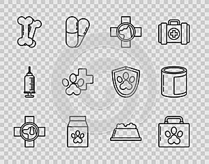 Set line Veterinary clinic symbol, Pet first aid kit, Bag of food for pet, Dog bone, bowl and Canned icon. Vector
