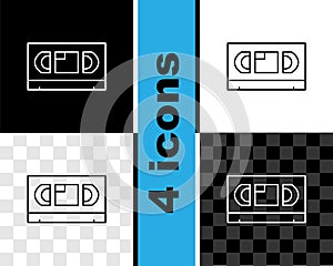 Set line VHS video cassette tape icon isolated on black and white, transparent background. Vector