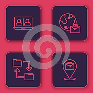 Set line Video chat conference, Cloud storage document folder, Online working and . Blue square button. Vector