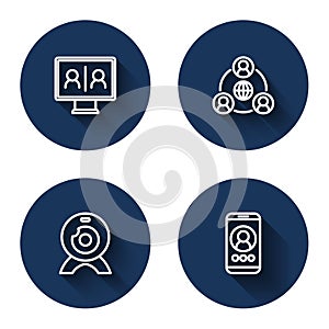 Set line Video chat conference, Meeting, Web camera and with long shadow. Blue circle button. Vector