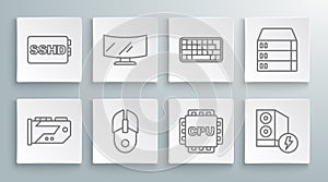 Set line Video graphic card, Computer monitor screen, mouse, Processor with CPU, Case of computer, Keyboard, Server