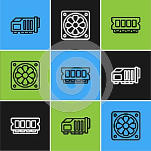Set line Video graphic card, RAM, random access memory and Computer cooler icon. Vector