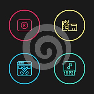 Set line Video recorder or editor, MP3 file, Cinema camera and Record button icon. Vector