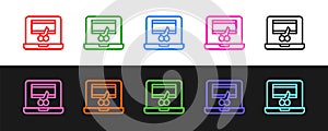 Set line Video recorder or editor software on laptop icon isolated on black and white background. Video editing on a