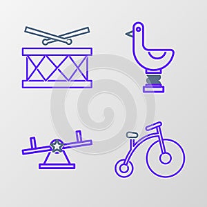 Set line Vintage bicycle with one big wheel and one small, Seesaw, Riding kid duck and Drum drum sticks icon. Vector