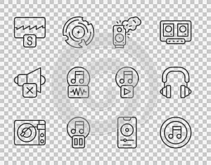 Set line Vinyl player with vinyl disk, Music note, tone, Stereo speaker, Pause button, wave equalizer, and Headphones