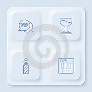 Set line Vip in speech bubble, Cocktail, Birthday cake candles and Music synthesizer. White square button. Vector