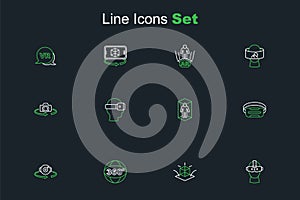 Set line Virtual reality glasses, 3d modeling, 360 degree view, and icon. Vector