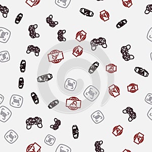 Set line Virtual reality glasses, Gamepad, and Wide angle picture on seamless pattern. Vector